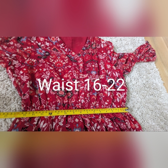 Loft Clip Floral Boho Red Chiffon Midi Dress, Size L, long Sleeves, V-neck - Picture 5 of 13